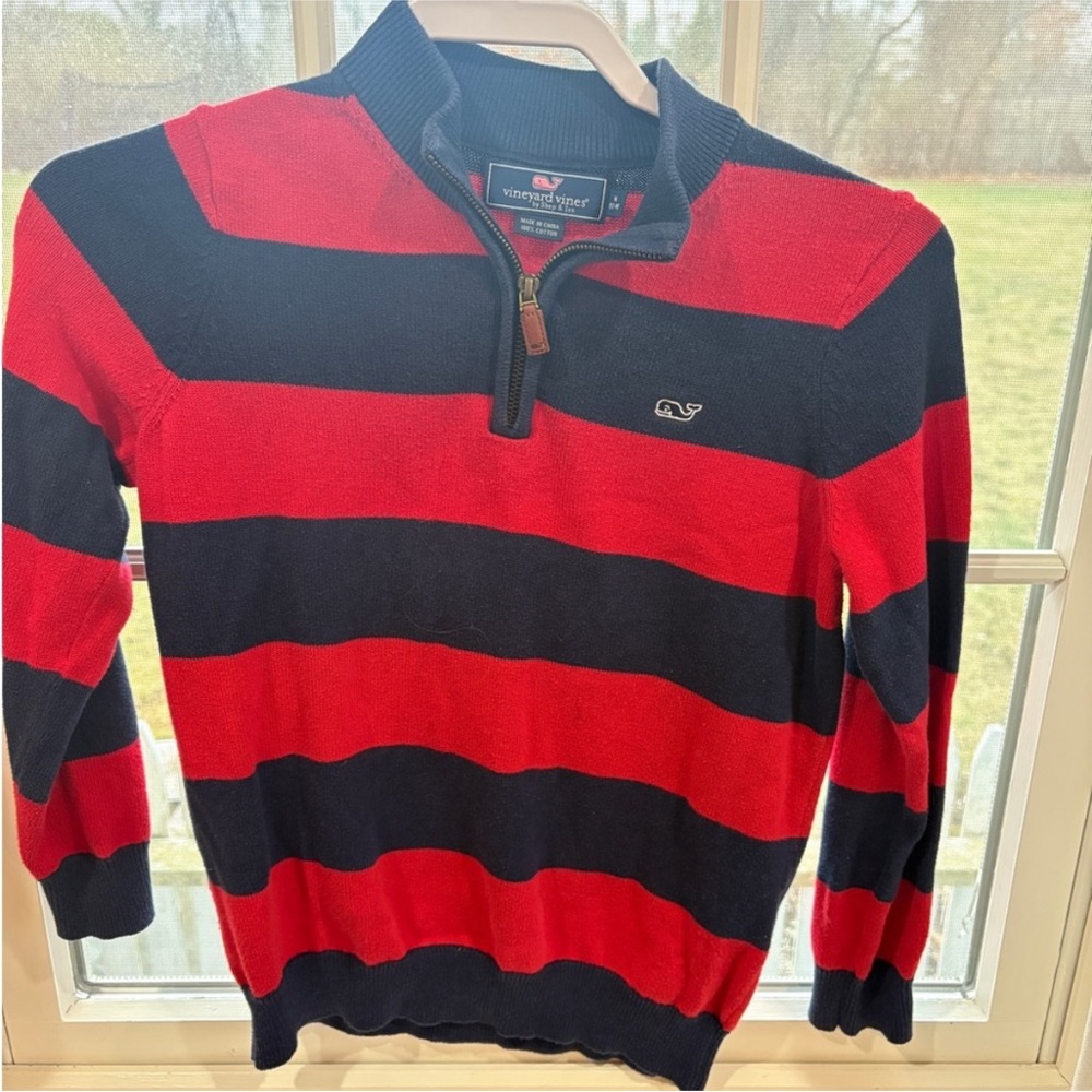 Vineyard Vines boys Red & Navy Striped Half-Zip Sweater